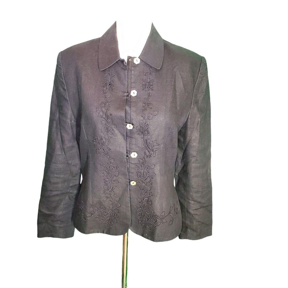 Lord & Taylor Vintage Navy Linen Embroidered Jacket Blazer Pearl Buttons sz 6P
